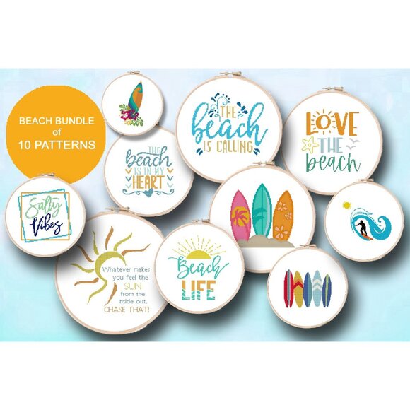 Beach Ocean Summer Funny Humor Sun Counted‎ Cross Stitch Patterns Set of 10 - Picture 1 of 11
